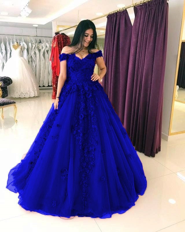 Elegant Lace Appliques Long Tulle Ball Gowns Wedding Dresses Off Shoulder