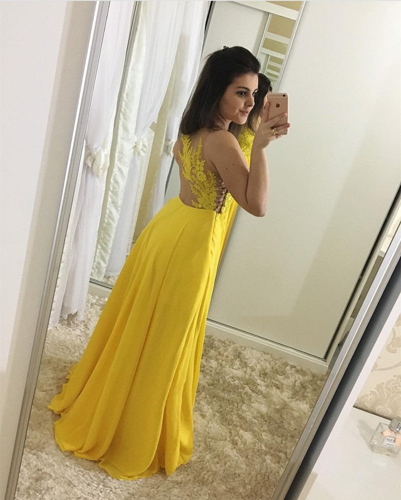 Elegant Lace Appliques Nude Back Chiffon Evening Dress Floor Length Pr –  alinanova