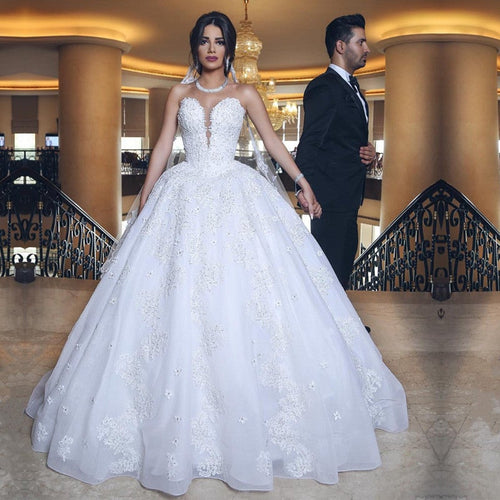 Elegant Lace Appliques Sweetheart Tulle Wedding Dresses Ball Gowns-alinanova