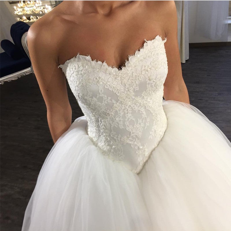 Elegant Lace Appliques V Neck Bodice Corset Tulle Wedding Dresses Ball Gowns-alinanova