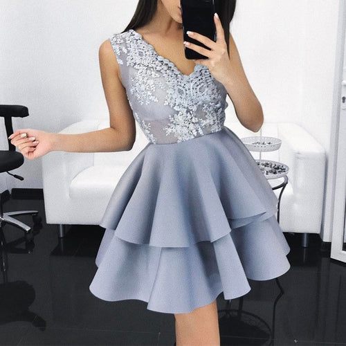Elegant Lace Appliques V Neck Ruffles Prom Dresses Short-alinanova