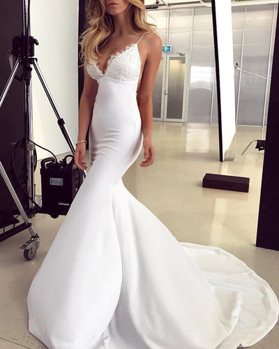 Elegant Lace Appliques V-neck Backless Mermaid Wedding Dresses-alinanova
