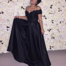 Load image into Gallery viewer, Elegant Lace Appliques V-neck Off-the-shoulder Floor Length Satin Evening Dresse
