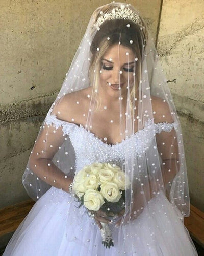 Elegant Lace Appliques V-neck Tulle Princess Wedding Dresses Pearl Beaded-alinanova