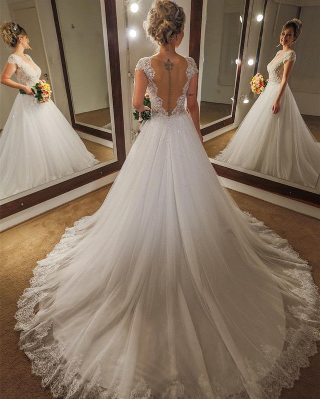 Elegant Lace Cap Sleeves Nude Back Tulle Wedding Dresses Princess –  alinanova