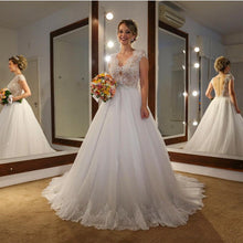 Load image into Gallery viewer, Elegant Lace Cap Sleeves Nude Back Tulle Wedding Dresses Princess
