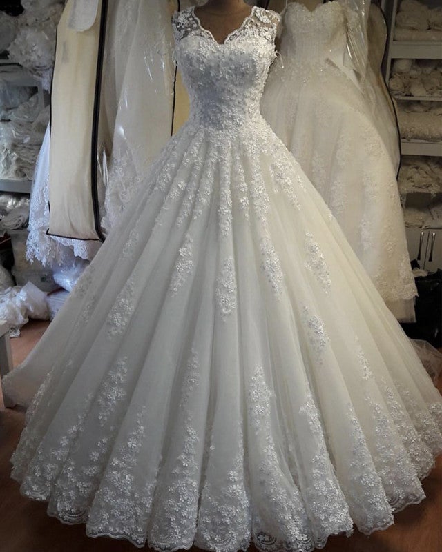 Elegant Lace Flowers Beaded V-neck Princess Wedding Dresses – alinanova