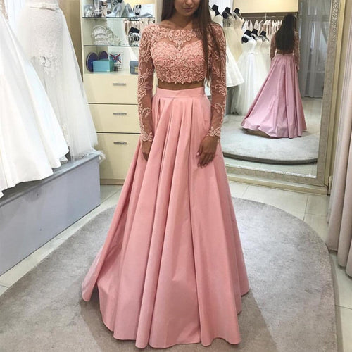 Elegant Lace Long Sleeves Ball Gowns Prom Dresses Two Piece-alinanova