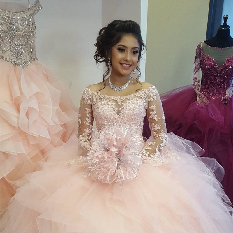 chinese dress ladies Amarra 54204 Size 0 Hot Pink Quinceanera Dress Train Long Sleeve Bow Flowers Sequins Ballgown Off The Shoulder main image 0