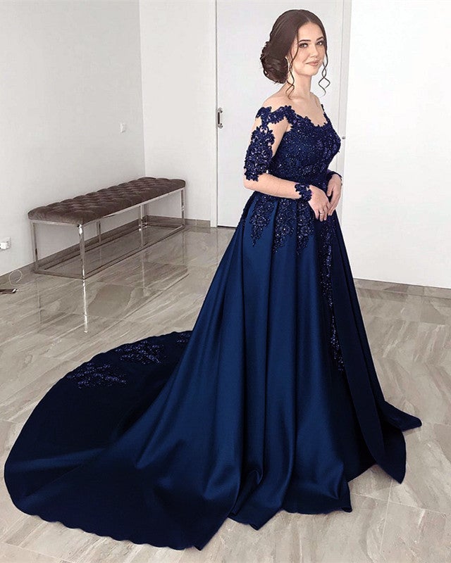 Elegant Lace Long Sleeves Prom Dresses Sheer Neck
