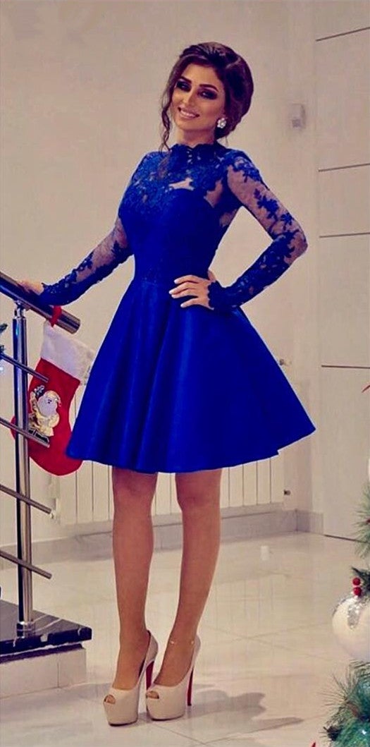 Elegant Lace Long Sleeves Satin Prom Dress Short Homecoming Dresses Elegant Lace Long Sleeves Satin Prom Dress Short Homecoming Dresses