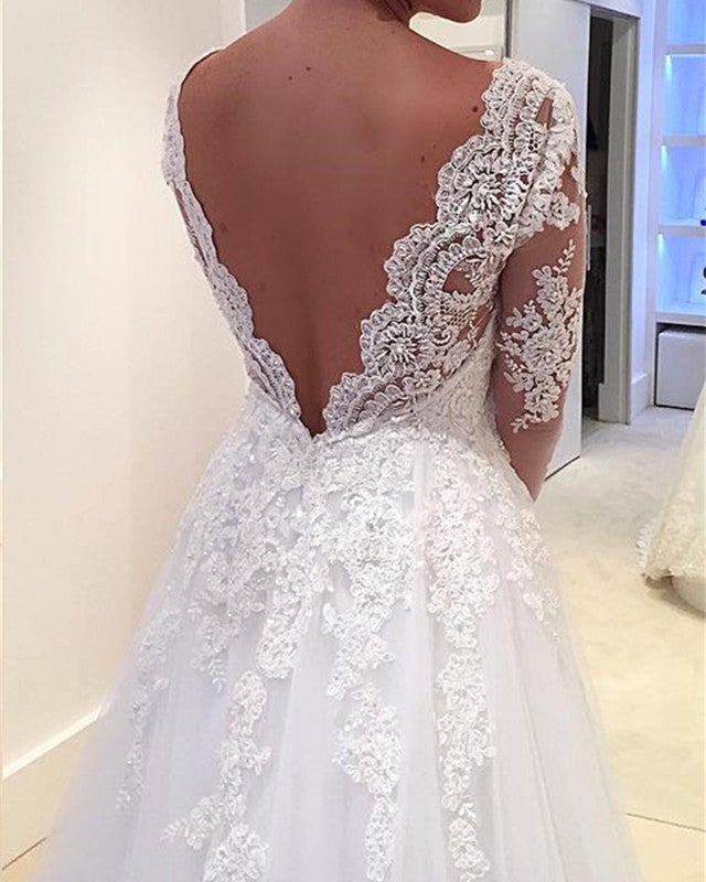 long sleeve open back princess wedding dresses Elegant Lace Long Sleeves Tulle V-neck Wedding Dresses Princess For Bride