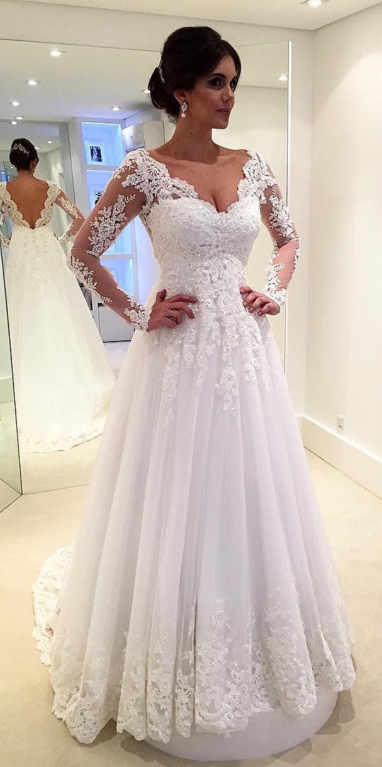 long sleeve lace princess wedding dress Lace Ballgown Bridal Dress with Long Sleeves and Sweetheart Neck