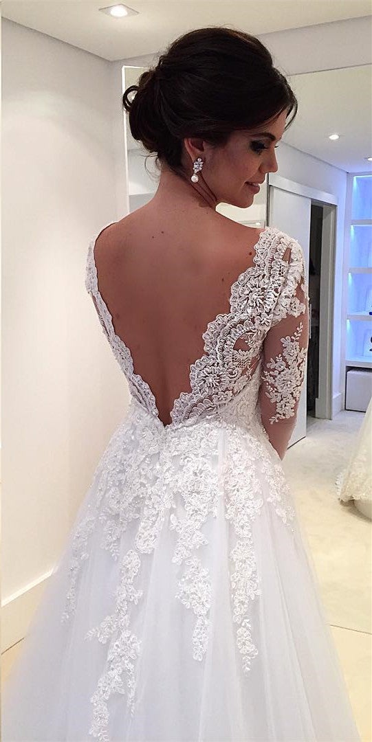 Elegant Lace Long Sleeves Tulle V-neck Wedding Dresses Princess For Bride Elegant Lace Long Sleeves Tulle V-neck Wedding Dresses Princess For Bride