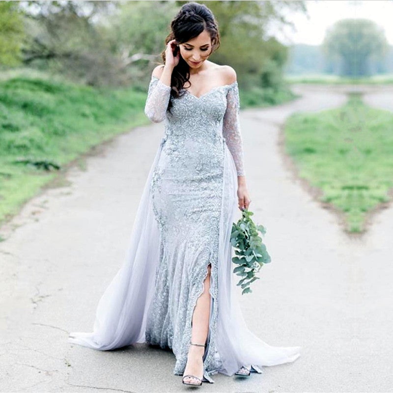 knee length dresses for ladies Elegant Lace Long Sleeves Wedding Dress Mermaid Bridal Gowns Off Shoulder