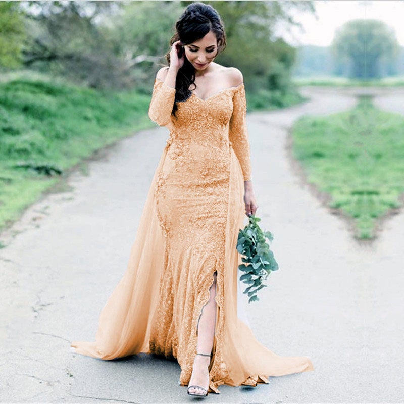 Vintage Long Sleeves Lace Mermaid Wedding Dress Off The Shoulder  alinanova