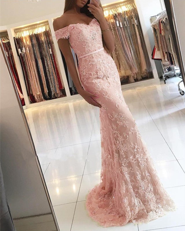 Blush Pink Prom Dresses Lace Mermaid Evening Gown
