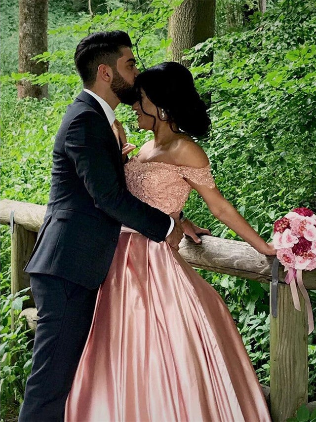 Pink satin wedding dress clearance