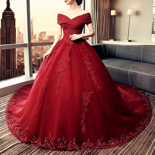 Elegant Lace Off Shoulder Royal Train Maroon Wedding Dresses-alinanova