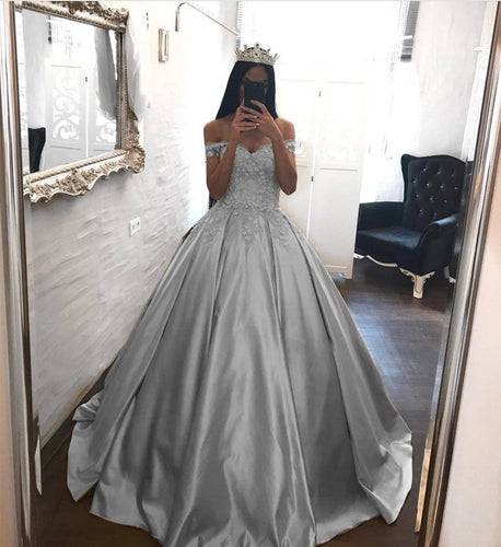 Elegant Lace Off The Shoulder Ball Gowns Satin Wedding Dresses-alinanova