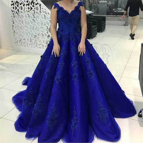 Elegant Lace Straps V Neck Tulle Royal Blue Wedding Dresses Ball Gowns-alinanova
