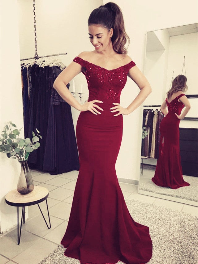 Elegant Lace Train V-Neck Off Shoulder Prom Dresses Mermaid