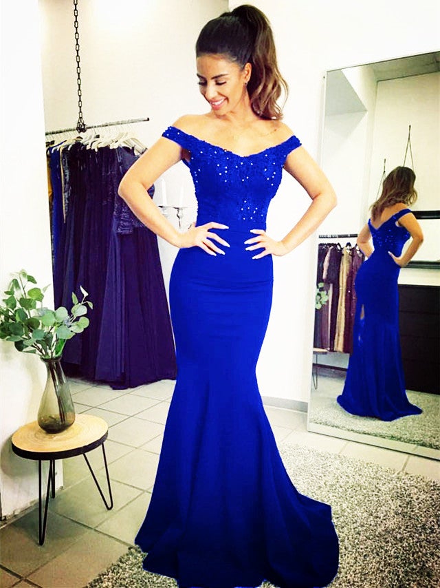 Elegant Lace Train V-Neck Off Shoulder Prom Dresses Mermaid