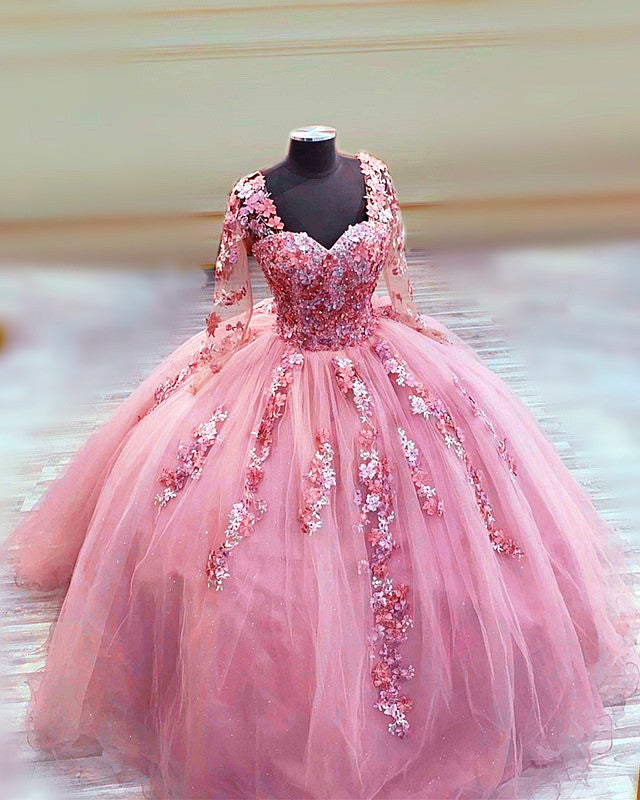 Elegant Long Sleeves Quinceanera Dresses Ball Gown With 3D Flowers alinanova