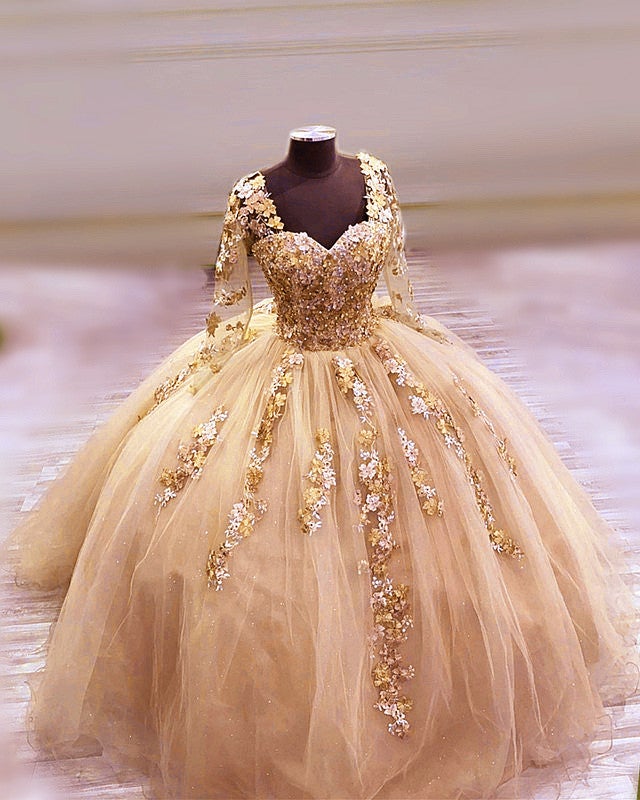 Elegant Long Sleeves Quinceanera Dresses Ball Gown With 3D Flowers alinanova Elegant Long Sleeves Quinceanera Dresses Ball Gown With 3D Flowers alinanova