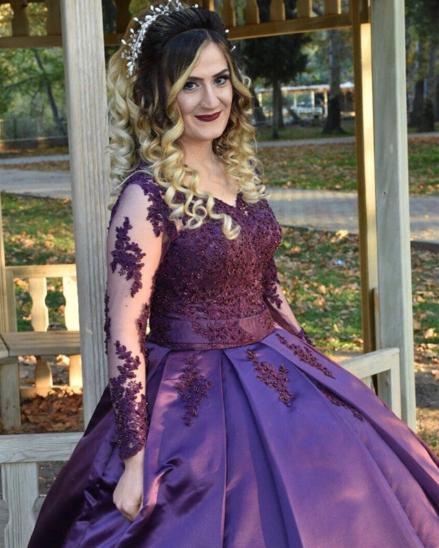 Dark Wedding Dress Purple Long Sleeve Evening Gown Elegant Long Sleeves Satin Wedding Dresses Ball Gowns Lace Appliques Dark Wedding Dress Purple Long Sleeve Evening Gown Elegant Long Sleeves Satin Wedding Dresses Ball Gowns Lace Appliques