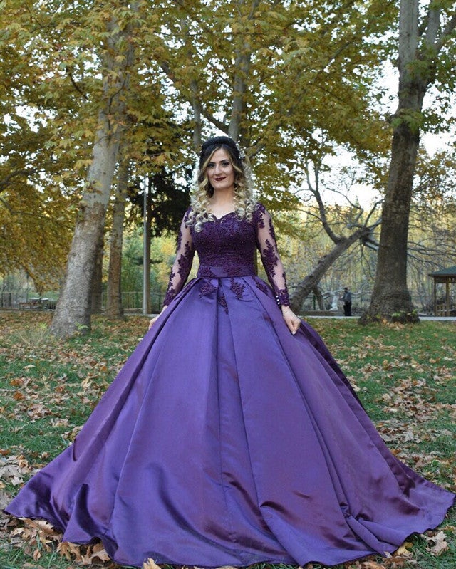 Purple-Satin-Wedding-Dresses-Ball-Gowns-Lace-Long-Sleeves-For-Bridal