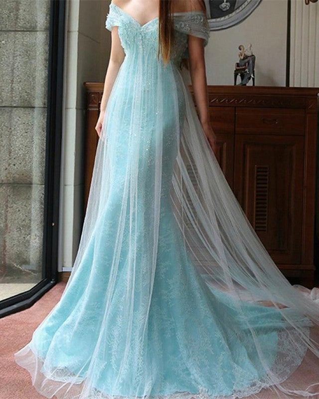 Elegant Mermaid Tulle Applique Off The Shoulder Dresses-alinanova