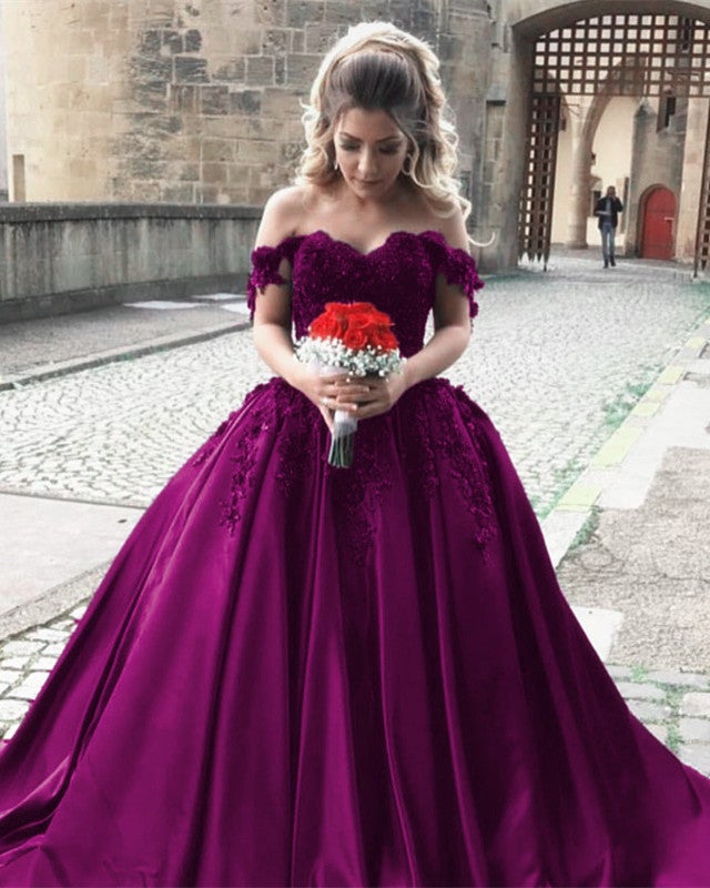 Elegant Off Shoulder Satin Prom Dresses Ball Gowns for Wedding Party