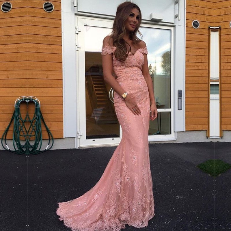 Elegant Pink Lace Mermaid Evening Dress Off Shoulder Prom Gowns