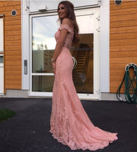 Load image into Gallery viewer, Elegant Pink Lace Mermaid Evening Dress Off Shoulder Prom Gowns
