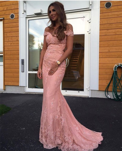 Elegant Pink Lace Mermaid Evening Dress Off Shoulder Prom Gowns-alinanova