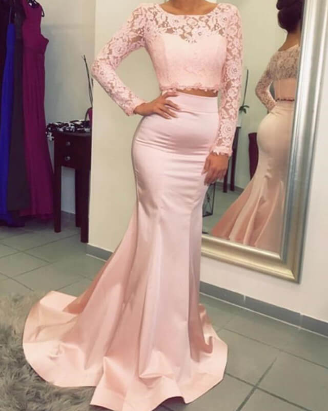 Elegant Pink Two Piece Prom Dresses Mermaid Long Sleeve