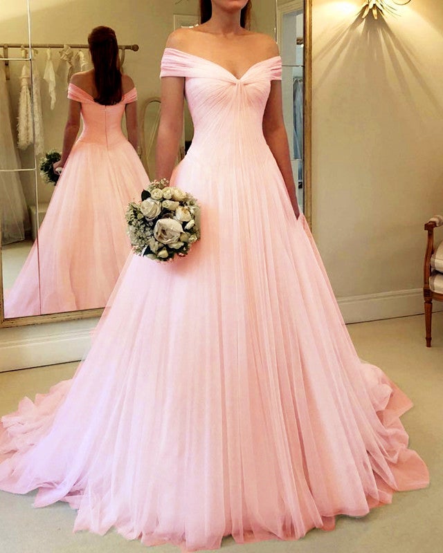 Elegant Pleated Tulle V-neck Off Shoulder Princess Wedding Dresses Elegant Pleated Tulle V-neck Off Shoulder Princess Wedding Dresses
