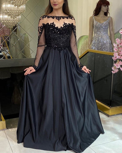 Elegant Prom Satin Dress Long Sleeves Appliques-alinanova