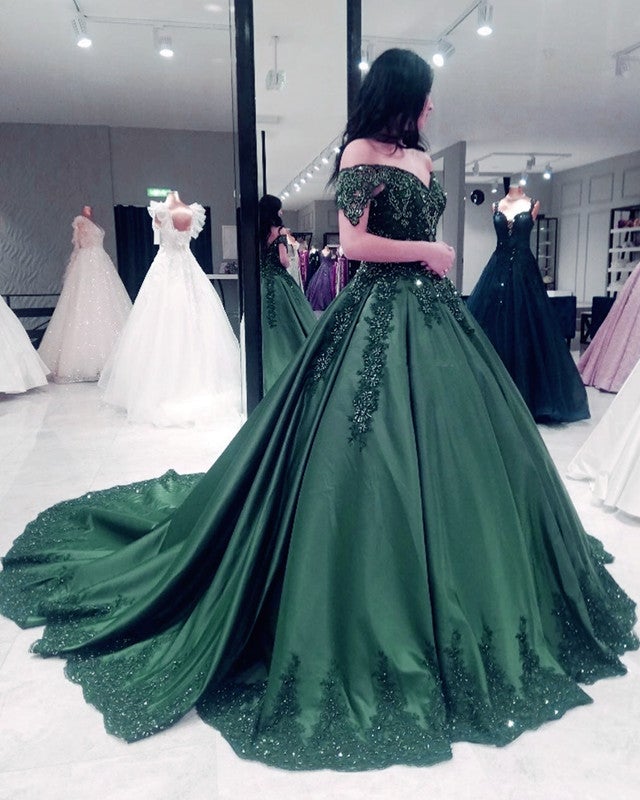 Ball Gown Satin Dresses Appliques Beaded Off The Shoulder – alinanova