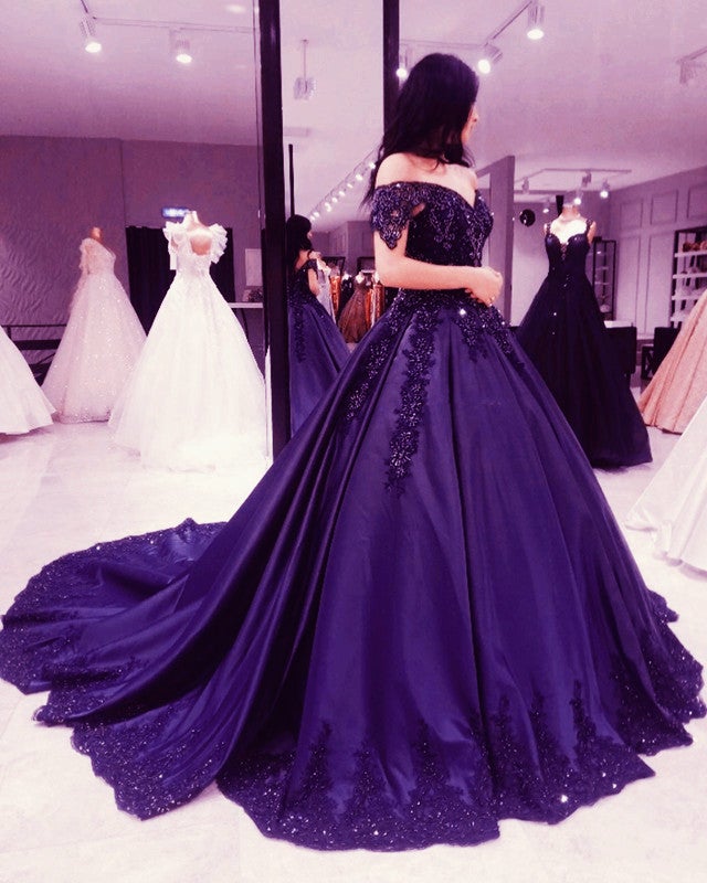 Ball Gown Satin Dresses Appliques Beaded Off The Shoulder – alinanova
