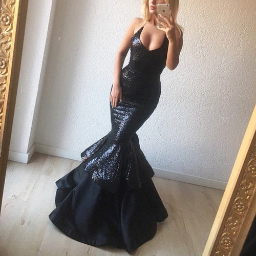 Elegant Sequins V Neck Ruffle Mermaid Evening Gowns Bodice Corset-alinanova