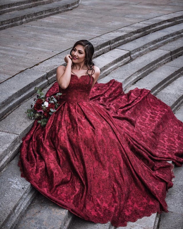 Elegant Spaghetti Straps Sweetheart Lace Prom Dresses Ball Gowns-alinanova