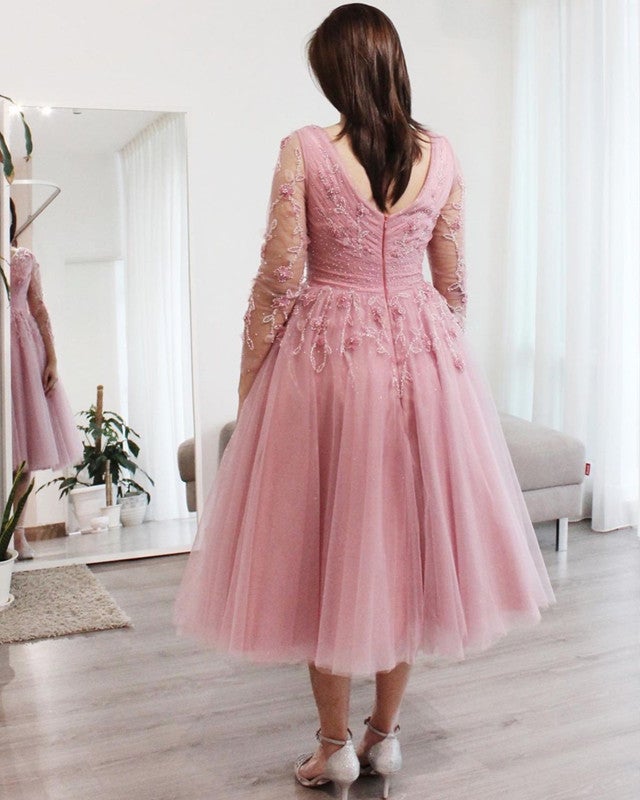 Elegant Tulle Embroidery Tea Length Bridesmaid Dresses With Sleeves Elegant Tulle Embroidery Tea Length Bridesmaid Dresses With Sleeves