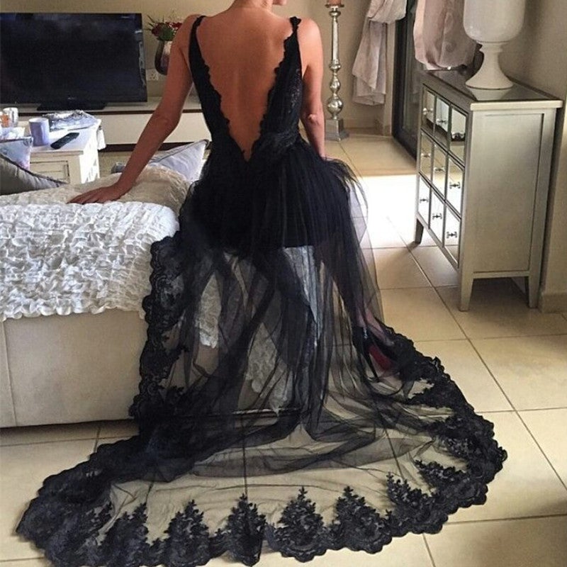 Elegant V Neck Long Black Lace See Through Prom Dresses Elegant V Neck Long Black Lace See Through Prom Dresses
