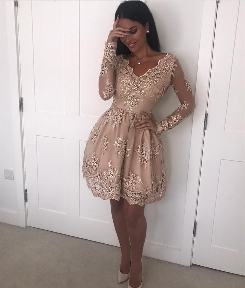 Short V Neck Lace Homecoming Dresses Long Sleeves Prom Gown alinanova Short V Neck Lace Homecoming Dresses Long Sleeves Prom Gown alinanova