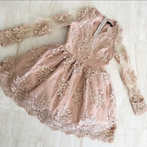 Elegant V Neck Long Sleeves Homecoming Dresses Lace Short Cocktail Dress-alinanova