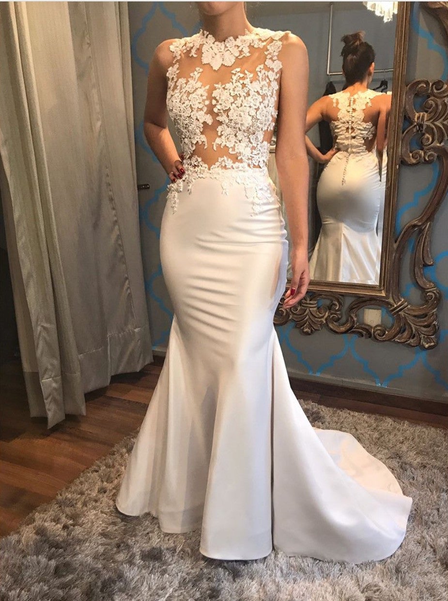 Elegant White Satin Mermaid Wedding Dresses Lace Appliques-alinanova