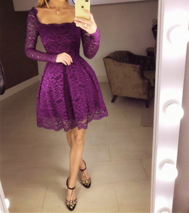 Emerald Green Lace Homecoming Dresses Long Sleeves Prom Short Dresses alinanova Emerald Green Lace Homecoming Dresses Long Sleeves Prom Short Dresses alinanova