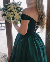 Load image into Gallery viewer, Emerald Green Plus Size Prom Dresses Satin Off The Shoulder Ball Gown
